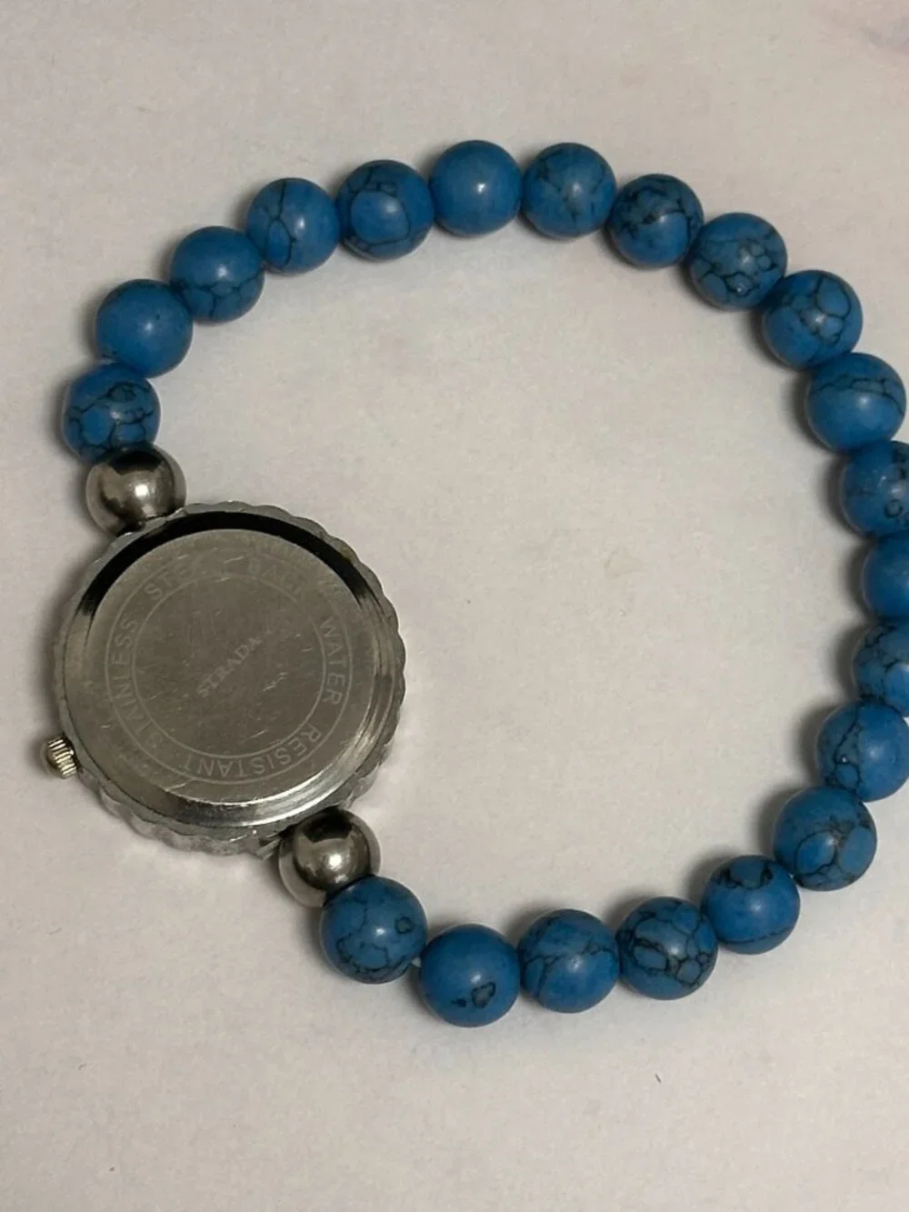 Strada Watch Women Silver Tone Blue Beaded Stretch Bracelet Band New Battery